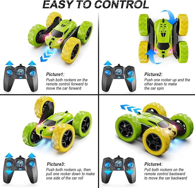 QUNREDA Remote Control Car, RC Car Toys for 6-12 Year Old Boys, Off Road RC Stunt Car 4WD 360° Rotating Remote Control Car for Kids, Boys Girls Gifts for Birthday, Christmas Yellow&Green