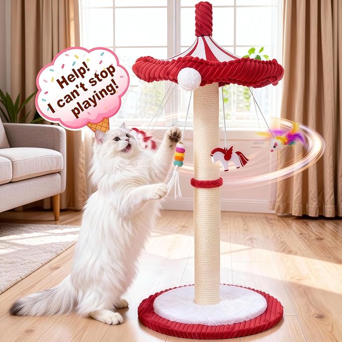 Merry-Go-Round Cat Scratching Post & Interactive Cat Toy | 39" Very Tall Scratcher with Rotating Top for Indoor Cats, for Kittens to Large Adults