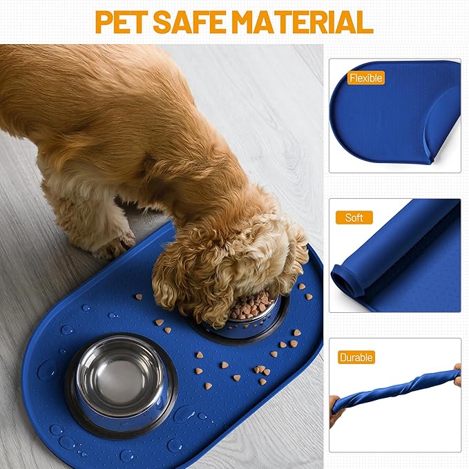 Hubulk 100% Waterproof Silicone Pet Feeding Mat with Raised Edge for Food and Water, Dog Bowl Mats, Cat Bowls Placemat with High Lip Protects Floor for Cats and Dogs (Navy Blue, 16" L x 10" W)
