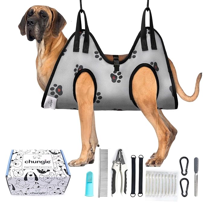 Dog Grooming Hammock for XXL Dogs–Pet Restraint for Nail Trimming with Pet Nail Clipper–Dog Sling for Grooming, Pet Hammock for Nail Cutting & Grooming Harness (Legs Spacing: 16.14-27.14”/Max W:120lb)