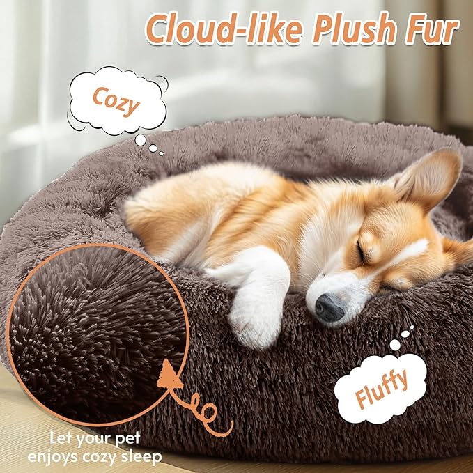 JOLLYVOGUE Calming Small Dog & Cat Bed for Indoor Cats - 20 inches Washable Donut Bed for Kittens & Puppies, Anti-Anxiety Round Fluffy Plush Pet Beds (Fits up to 15 lbs)