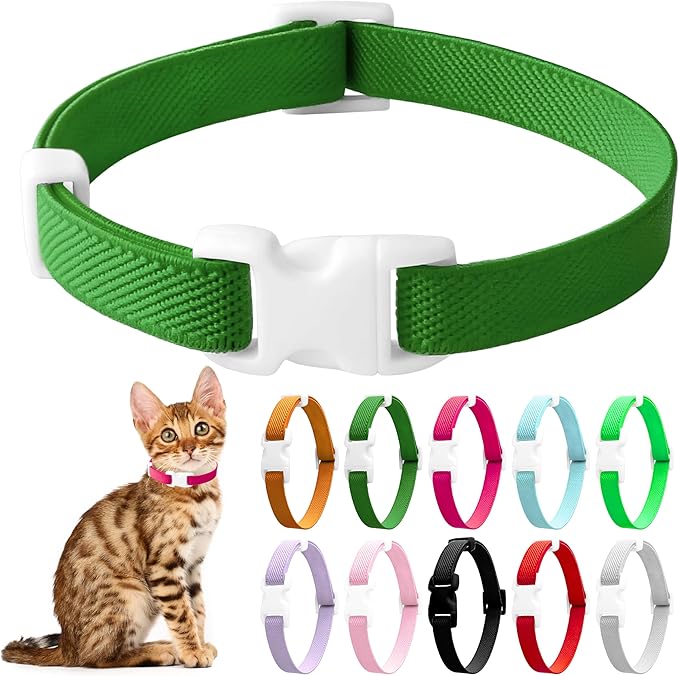 Elastic Cat Collar, Stretch Cat Collar Quick Release, Bright Colors Safety Kitten Collar Adjustable Collar for Kittens, Lightweight Soft Polyester Collars for Boy Girl Cats (Green,M)