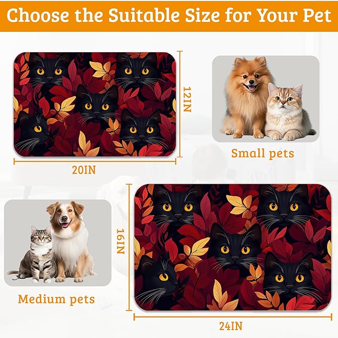 Dog Bowl Mat,Black Cat Pet Feeding Mat for Floors Waterproof,Forest Red Absorbent Dogs Placemat for Food and Water Quick Dry Pet Cat Feeding Mats with Non Slip Bottom 12" x 20"