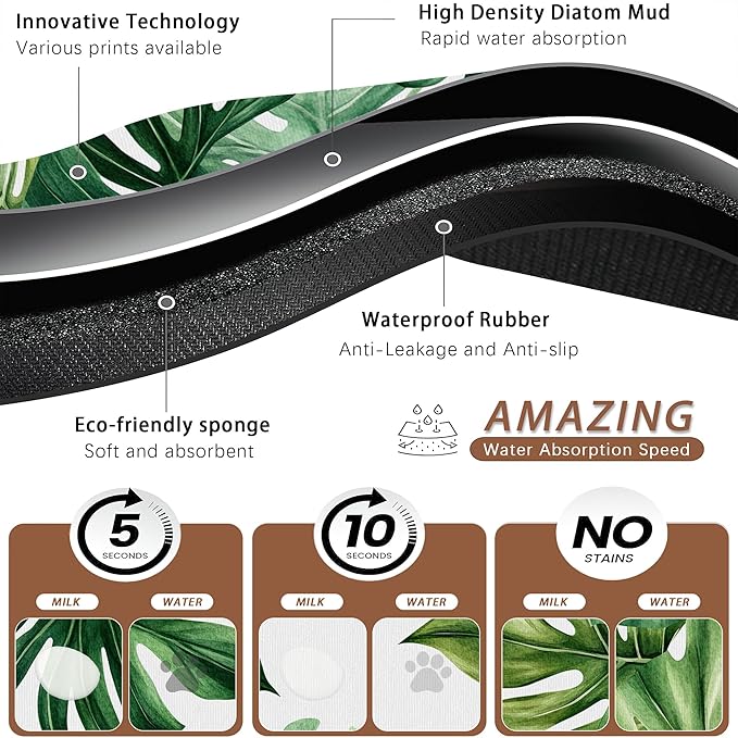 Palm Leaf Pet Feeding Mat,Boho Absorbent Quick-Dry Cat Dog Food and Water Bowl Mats,Non-Slip Rubber Backing Mat,Cat Dog Accessories Supplies 16"x24"