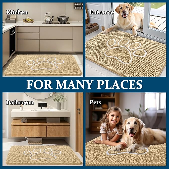 OLANLY Dog Door Mat for Muddy Paws 40x32, Paw Print Design, Absorbs Moisture and Dirt, Absorbent Non-Slip Washable Doormat, Quick Dry Chenille Mud Mat for Dogs, Entry Indoor Entryway Carpet, Beige