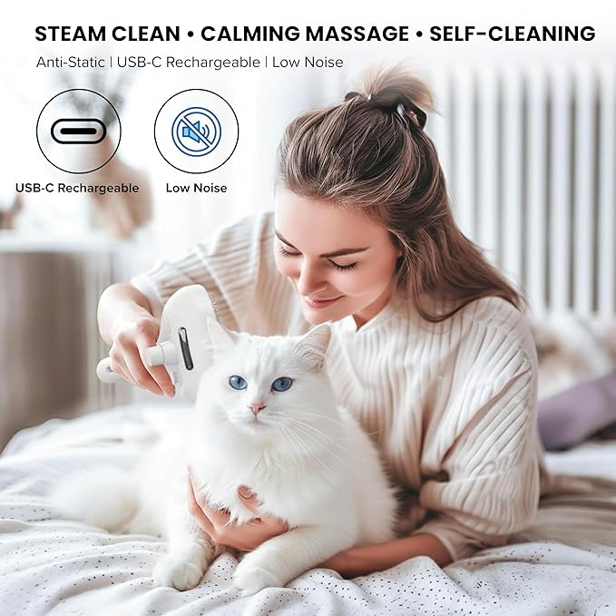 SHAZORY Pet Steam Brush for Dog & Cat - 3-in-1 Steam Grooming Brush for Shedding & Hair Removal - Self Cleaning Spray Comb with Mist for Long Haired Pets - Includes Water Refill Bottle (White)