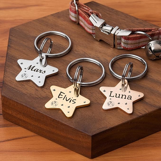 Anavia Small Size Dog Cat ID Tags, Small/XS Personalized Color Plated Stainless Steel Puppy Kitten Name Tags, Customized Engraved Nameplate Pet Collar Tag (Gold, Star)