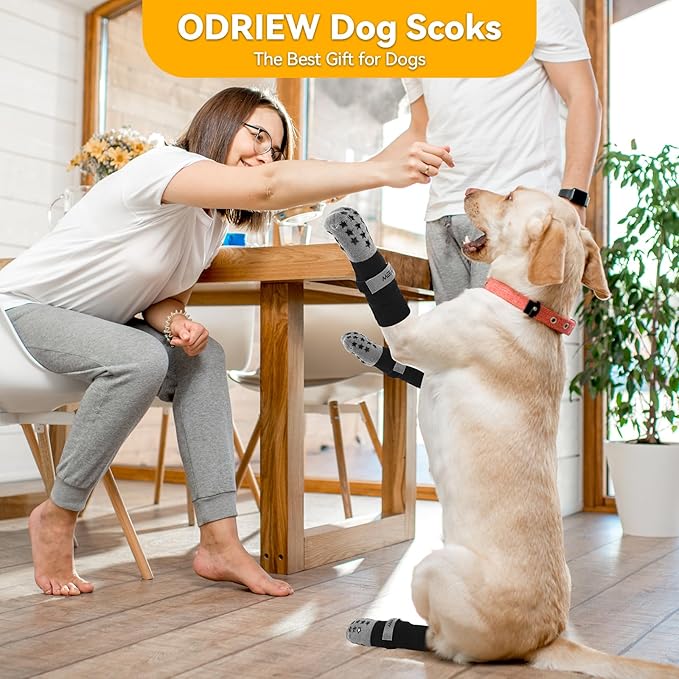 ODRIEW Non Slip Dog Socks to Prevent Licking Paws - Dog Booties for Hardwood Floors Anti Slip - Grippy Socks for Senior Dog - Double Side Paw Protector Prevent Scratching for Hot Pavement. (Grey, S)