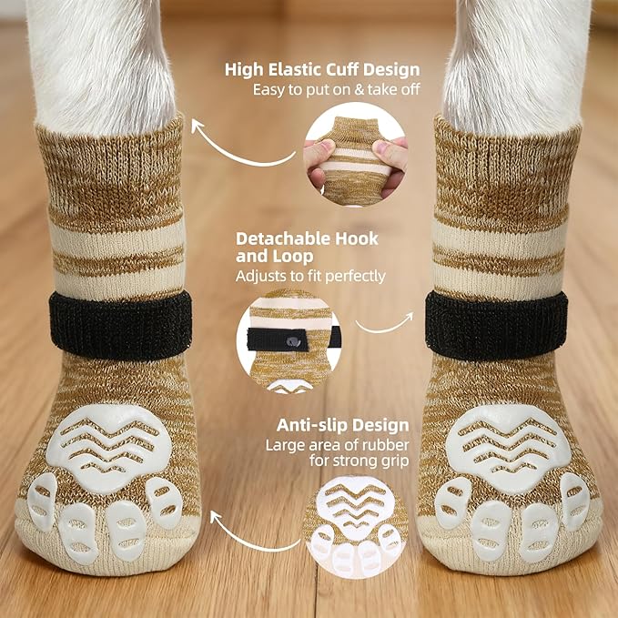PUPTECK Anti-Slip Dog Socks with Double Sides Grips Booties, Traction on Hardwood Floors to Prevent Licking Paws, Dog Shoes for Cold Hot Pavement, for Medium Large Senior Dogs, Khaki M