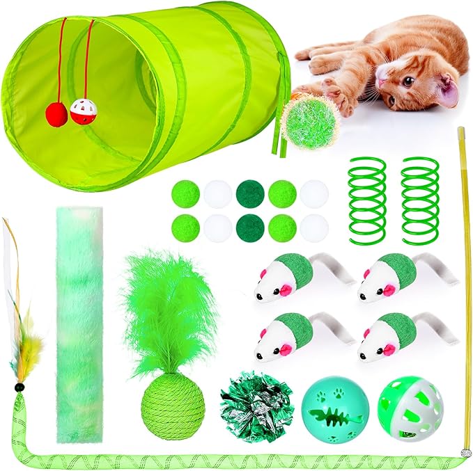 Foilswirl 24 Pcs Cat Toys Set Interactive Kitten Toys Pack Including Collapsible Play Tunnel Feather Teaser Wand Fuzzy Ball Springs Pillow Mouse Bells for Indoor Cats Puppy(Green)