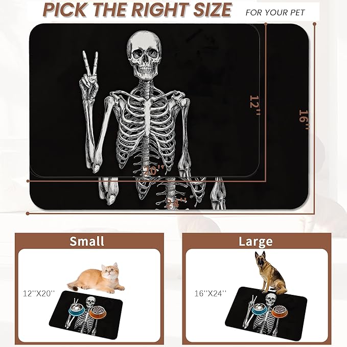 Funny Skull Skeleton Dog Food Mat for Floors,Absorbent Quick-Dry Pet Feeding Mat,Cat Dog Bowl Mats for Food and Water,Non-Slip Pet Accessories Supplies 12"x20"