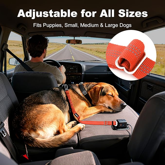 Dog Seat Belt for Car, Adjustable Dog Car Harness Seatbelt for Small Medium Large Dogs, Heavy Duty Travel Safety Restraint with Locking Aluminum Hook & Reflective Nylon Strap, Orange