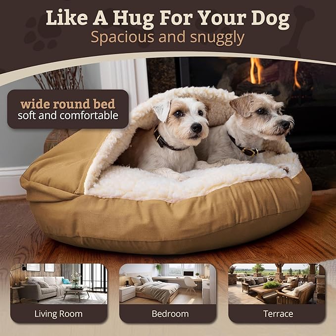 Snoozer Cozy Cave Dog Bed - Indoor Dog Bed with Cover Cave, Covered Calming Burrow for Small & Medium Sized Pets with Blanket Attached, Enclosed, Removable Washable Cover - Large, Camel