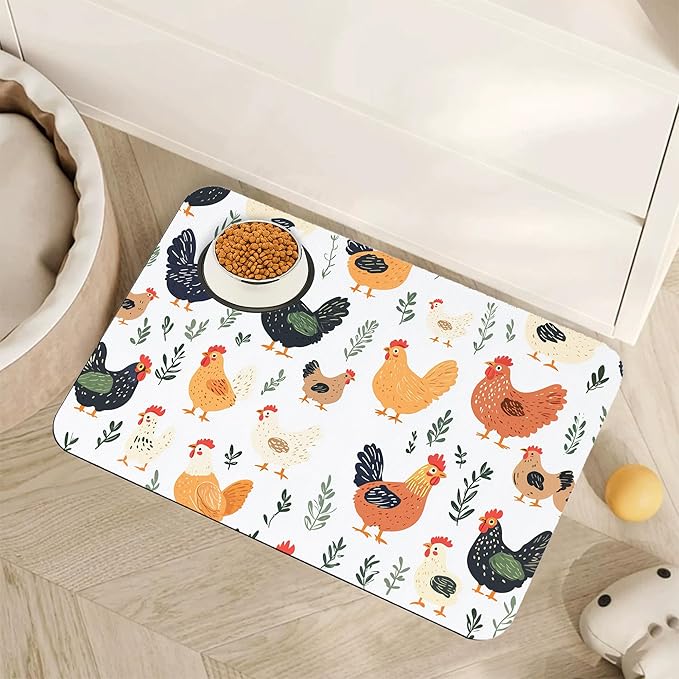 Rooster Dog Cat Food Mat,Hen Chicken Meadow Absorbent Pet Feeding Mat for Food and Water,Non-Slip Dog Bowl Mats Floor Protector 16"x24"