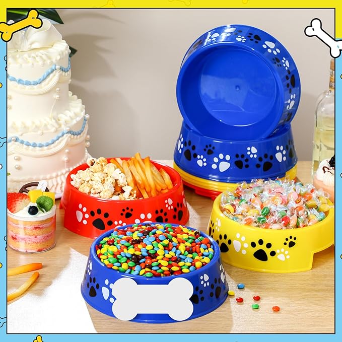 12 Set Dog Paw Plastic Bowls Blue Dog Birthday Party Supplies Colorful Food Trays with Bone Cards Food Plates Paw Centerpieces for Pet Puppy Party Decorations(Red Blue and Yellow)