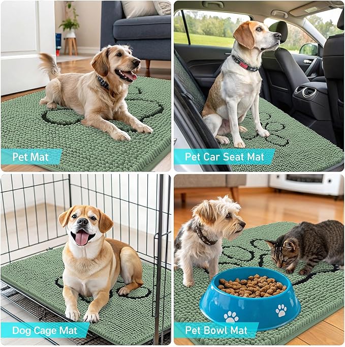 OLANLY Dog Door Mat for Muddy Paws 30x20, Paw Print Design, Absorbs Moisture and Dirt, Absorbent Non-Slip Washable Doormat, Quick Dry Chenille Mud Mat, Entry Indoor Entryway Carpet, Olive Green