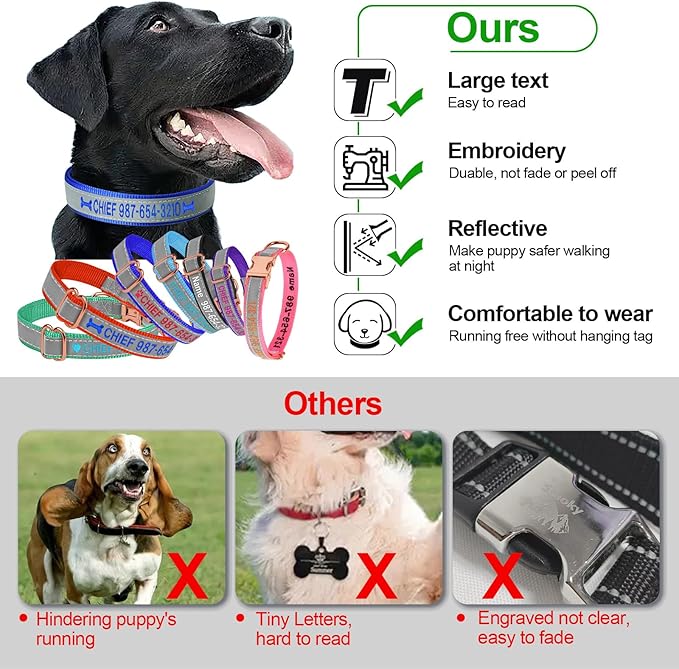 Personalized Reflective Dog Collar Embroidered with Pet Name and Phone Number - Metal Buckle Adjustable Custom Dog Collars in Pink, Blue, Black for Medium Dogs, Boys and Girls Puppy