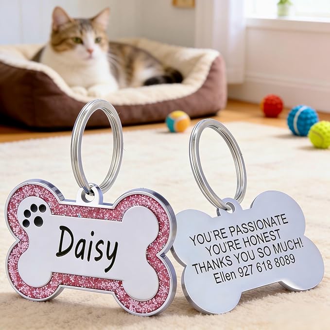 Personalized Dog Tags - Stainless Steel Deep Engraved Glitter Bone Shape Pet ID Tag, Double Sided Custom Text, Lightweight Durable Cat Dog Name Tag (Pink, S)