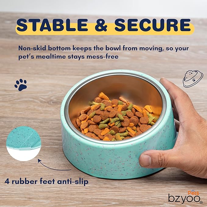 Bzyoo 2 Cup Tilted Dog Bowl for Small Dogs & Cats, Stylish Sprinkle Design, Elevated, Stainless Steel 16oz Inner Bowl, Non-Skid, Help Cotain Spills, Dishwasher Safe Color: White
