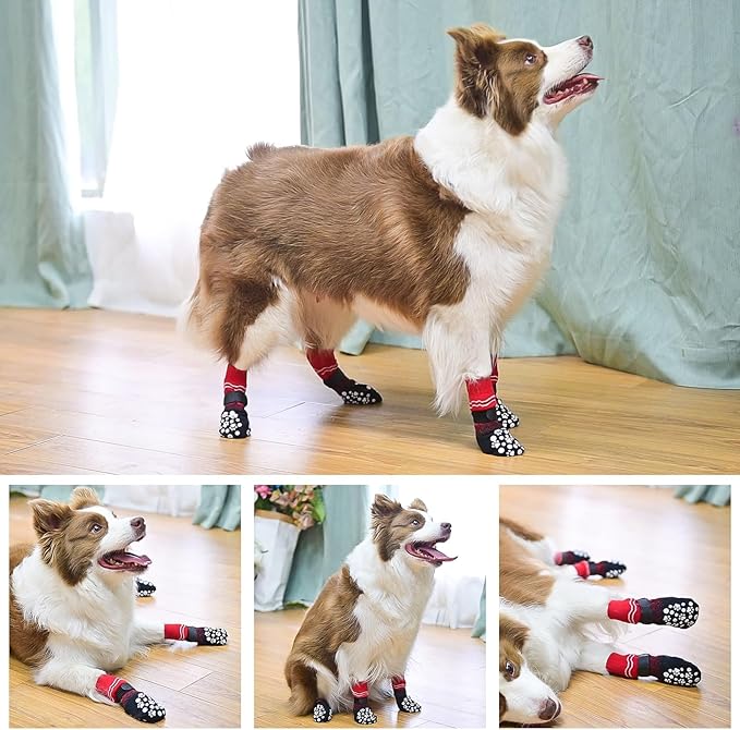 BINGPET 6PCS Dog Socks to Prevent Licking Paws with Grippers for Hardwood Floors Anti Slip, Winter Pet Shoes Booties, Extra-Thick Grip Dog Boots & Paw Protectors for Small Medium Large Senior Dogs, S