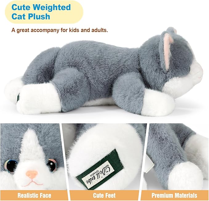 Ditucu Weighted Cat Stuffed Animal 0.6 lbs Cute Realistic Kitten Plush Toys 11.8 inch Soft Plushies Gifts for Kids Grey