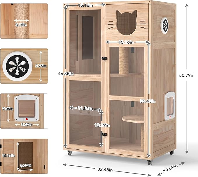 Large Wooden Cat House on Wheels, Indoor Cat Villa with Condo, Multi Platforms, Scratchers, Vent, Litter Box Area, Clear Doors, Cat Cage Enclosure for Kittens & Adult Cats (Natural Wood)