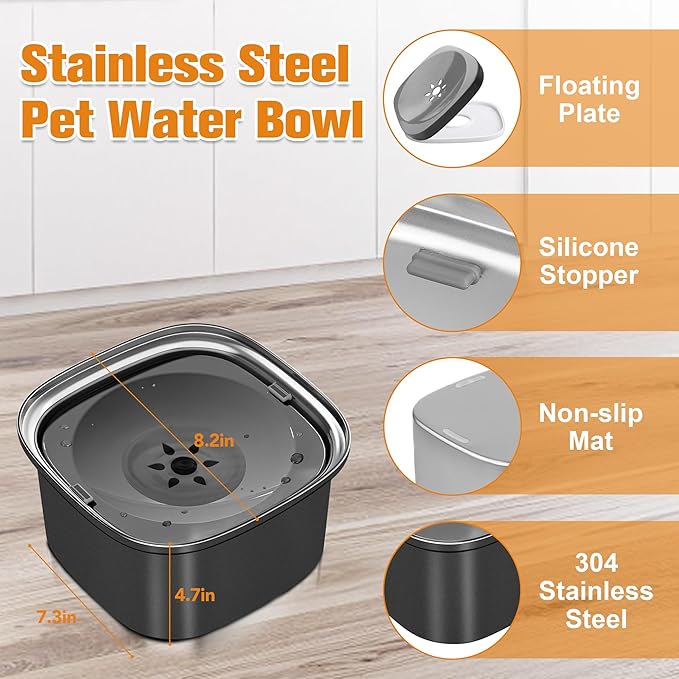 Decflow Stainless Steel Slow Drinking Dog Bowl with Lid - 3L Travel Pet Water Dispenser, Black
