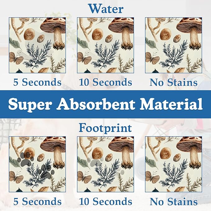 Vintage Mushroom Floral Dog Cat Food Mat–Christmas Stocking Absorbent Waterproof Placemat for Food and Water Bowls, Non Slip Rubber Backing, Feeding Mat for Clean Floors 16"x24"