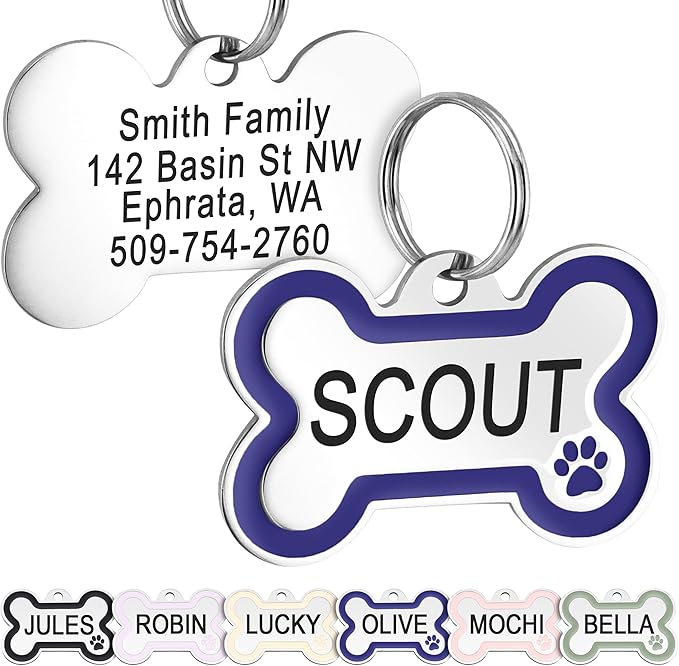 GoTags Stainless Steel Pet ID Bone Round and Heart Shaped Tags with Enamel Paw Design, Personalized Dog and Cat Tags, up to 5 Lines of Custom Text, Engraved on Both Sides (Navy Blue, Regular Bone)