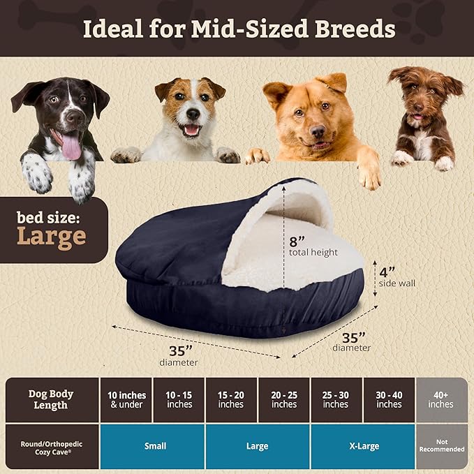 Snoozer Cozy Cave Dog Bed - Indoor Dog Bed with Cover Cave, Covered Calming Burrow for Small & Medium Sized Pets with Blanket Attached, Enclosed, Removable Washable Cover - Large, Navy