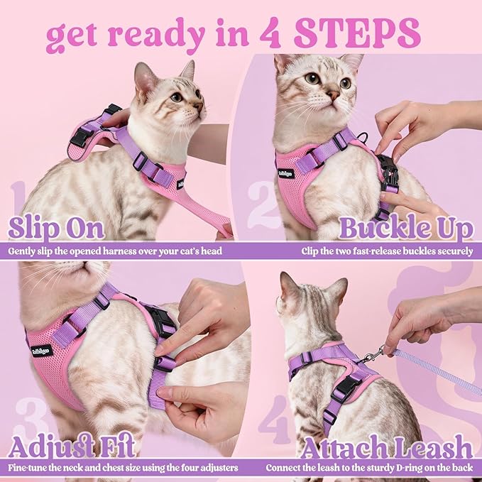 rabbitgoo Cat Harness and Leash for Walking, Escape Proof Soft Adjustable Vest Harnesses for Cats, Easy Control Breathable Reflective Strips Jacket, Pink & Purple, S
