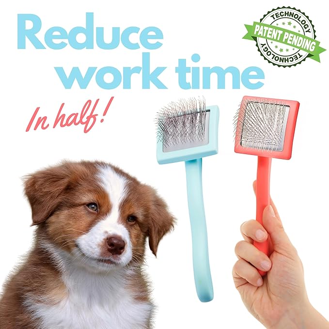 Pet Slicker Brush With Soft Massage Grooming Stainless Steel Pins - For Dematting, Shedding Fur, and Undercoat - Ideal Gift for Professional Pet Groomers - Long Slicker Brush (Coral, Flat Small)