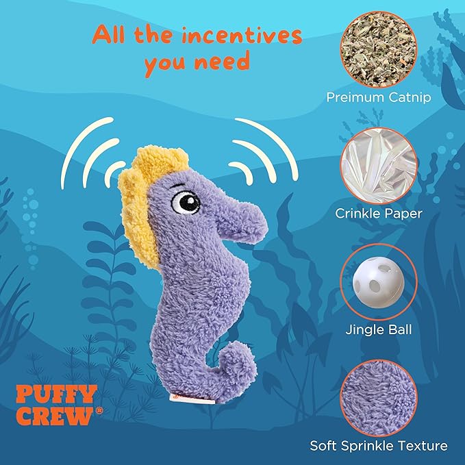 Puffy Crew Interactive Catnip Cat Plush Toy, Ocean Theme, 5'', for All Breed Size Cats (Seahorse)