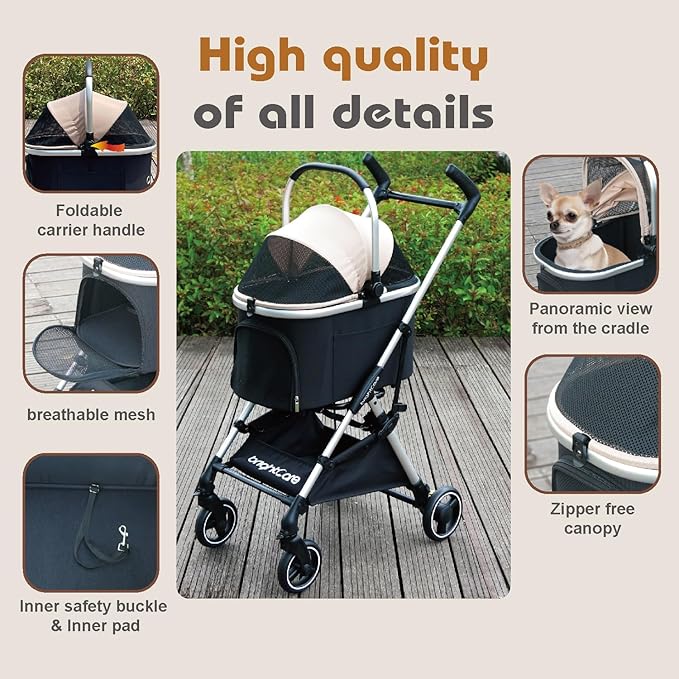 Pet Stroller for Small Dogs & Cats Under 20 lb with Detachable Carrier, Converts to Car Seat, Ultra-Lightweight only 11lb, One-Hand Fold