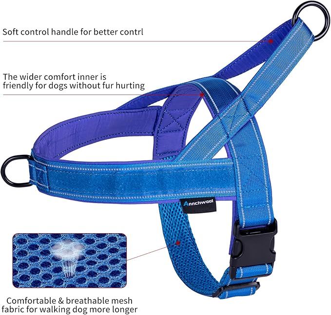 Annchwool No Pull Dog Harness with Padded Handle+5 Ft Leash,Reflective Strip Escape Proof and Quick Fit to Adjust Dog Harness,Easy for Training Walking for Small & Medium and Large Dogs(Blue-Set,M)