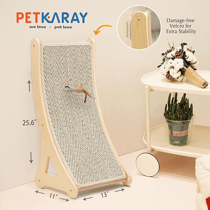 PETKARAY Curved Cat Scratcher, Sisal Kitty Scratching Ramp, L Shape Scratch Pad for Indoor Cats, 25.6" Furniture Protector with Mouse Toy, Chevron Style