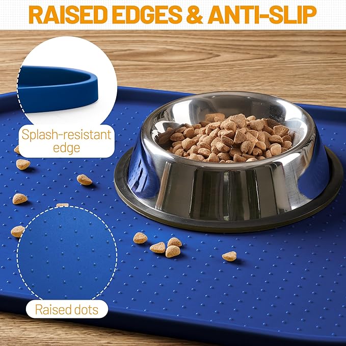 Hubulk 100% Waterproof Silicone Pet Feeding Mat with Raised Edge for Food and Water, Dog Bowl Mats, Cat Bowls Placemat with High Lip Protects Floor for Cats and Dogs (Navy Blue, 16" L x 10" W)