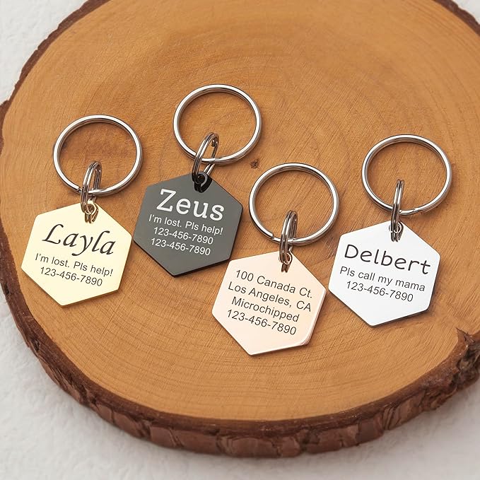 Anavia Personalized Pet ID Tags, Stainless Steel Glossy Laser Engraved Dog Cat Collar Name Tags, Multiple Colors Shapes Sizes (Hexagon, Small)