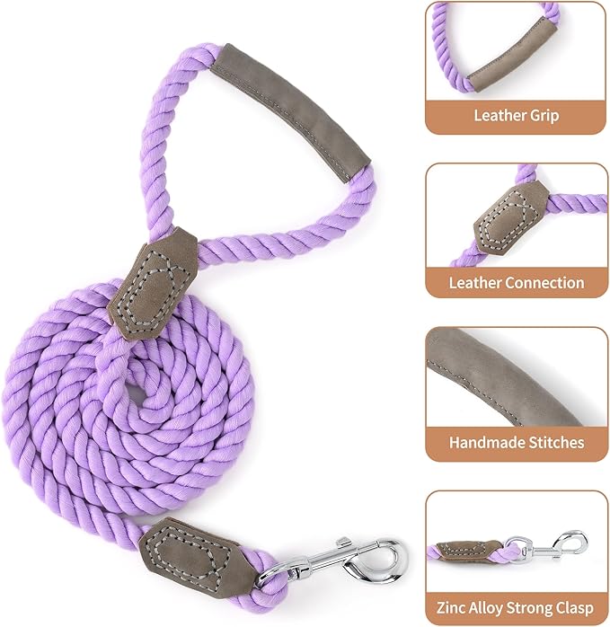 Mile High Life Dog Leash, Braided Cotton Rope Leashes with Leather Handle - Heavy Duty Metal Clasp, 4FT, 1/2" Thick - Wedding, Walking & Training Leash for Small Medium Large Dogs (Purple)