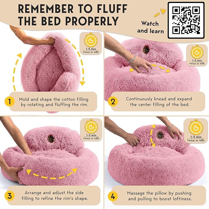 PetJett Calming Large Dog Bed - 36'' Donut Dog Beds, Anti-Slip & Washable Large Round Bed, Fluffy Faux Fur Pet Bed, Super Soft Anti-Anxiety Premium Comfort Bed, Fits Dogs up to 100 lbs - Pink