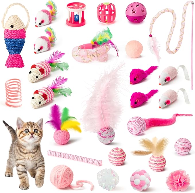MALLMALL6 Cat Interactive Toys Set - 27Pcs Kitten Toys Stuff Pink Feather Teaser Wand Springs Mice Sisal Fish Crinkle Balls Bell Balls, Puzzle Pack for Indoor Kitty Play Exercise