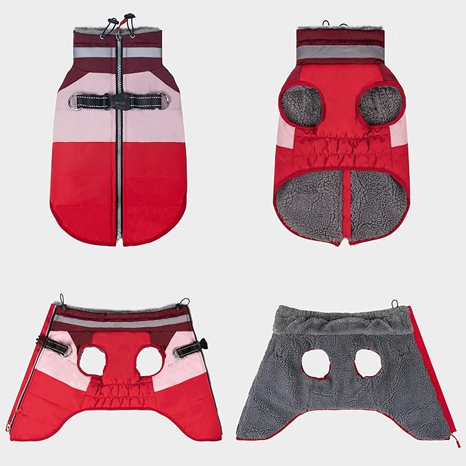 azuza Dog Jacket for Small Dogs Waterproof Dog Coat with Reflective Strips and Harness Built in Warm Fleece Dogs Winter Coat Windproof with Back Zipper, Red M