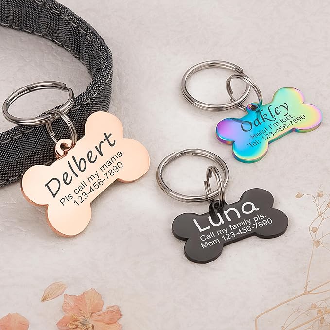 Anavia Personalized Pet ID Tags, Stainless Steel Glossy Laser Engraved Dog Cat Collar Name Tags, Multiple Colors Shapes Sizes (Bone, Regular)