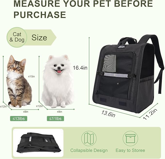 Dog Carrier Backpack for Cats and Puppies,up to 13 lbs,Portable and Breathable Mesh, Storage Pockets, and Built-in Safety,Pet Carrier for Hiking and Outdoor Use,Black