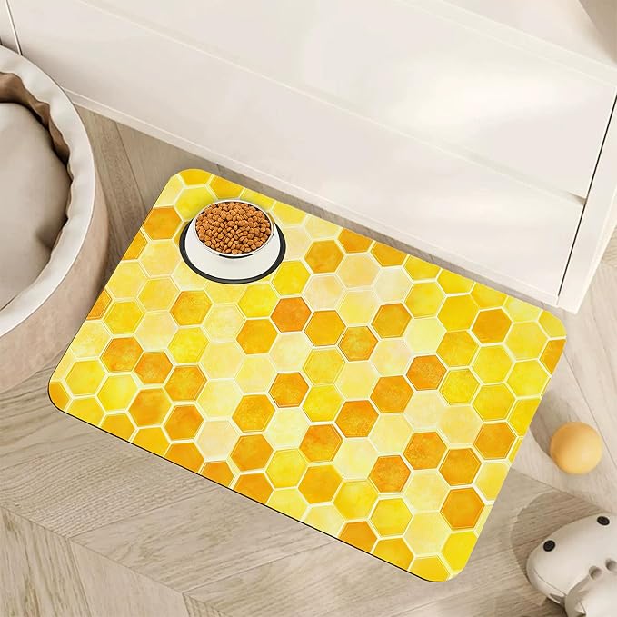 Honeycomb Bee Geometric Dog Food Mat for Floors,Absorbent Quick-Dry Pet Feeding Mat,Cat Dog Bowl Mats for Food and Water,Non-Slip Pet Accessories Supplies 16"x24"