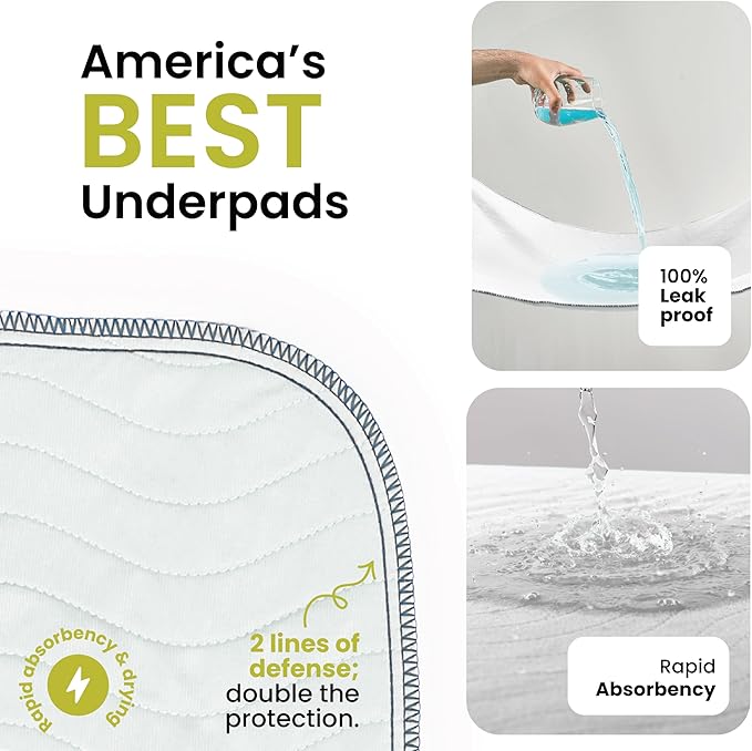 IMPROVIA® Washable Underpads, Heavy Absorbency Reusable Incontinence Pads for Kids, Adults, Elderly, and Pets - Waterproof Protection Floor White & White (2 Pack - 34x52)