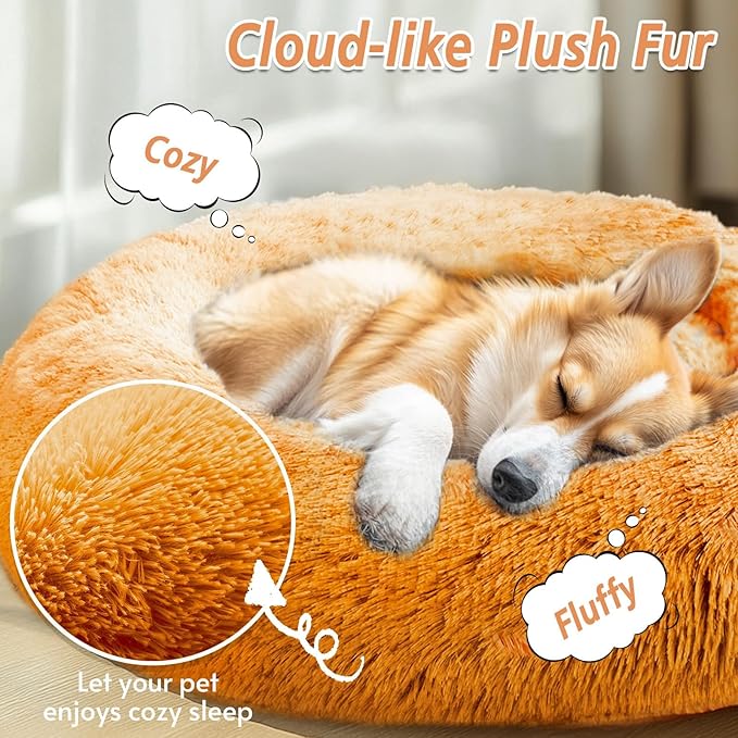 JOLLYVOGUE Calming Small Dog & Cat Bed for Indoor Cats - 20 inches Washable Donut Bed for Kittens & Puppies, Anti-Anxiety Round Fluffy Plush Pet Beds (Fits up to 15 lbs, Orange)