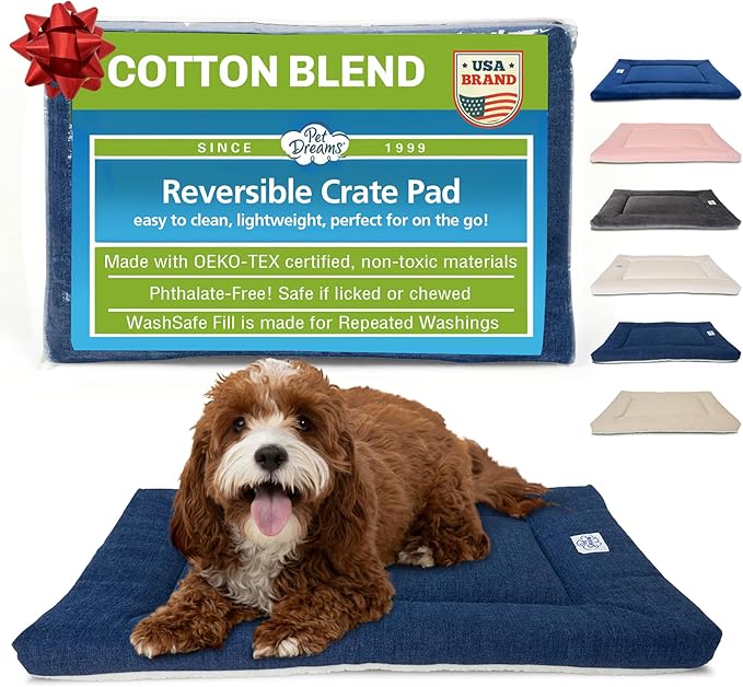 Pet Dreams Dog Crate Pad - Washable Kennel Mat, Crate Pads for Dog Cages, Non-Toxic, Flat Indoor Cat Bed, Fits iCrate 18, 24, 30, 36, 42, 48 Inches (Denim, Medium, 30")