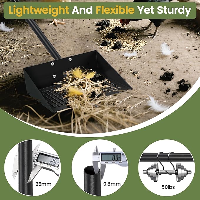 Alloy Steel Chicken Poop Scooper for Sand - 10” Large Chicken Coop Scoop - Simplified Cleaning 40-67” Poop Scoop with Adjustable Handle