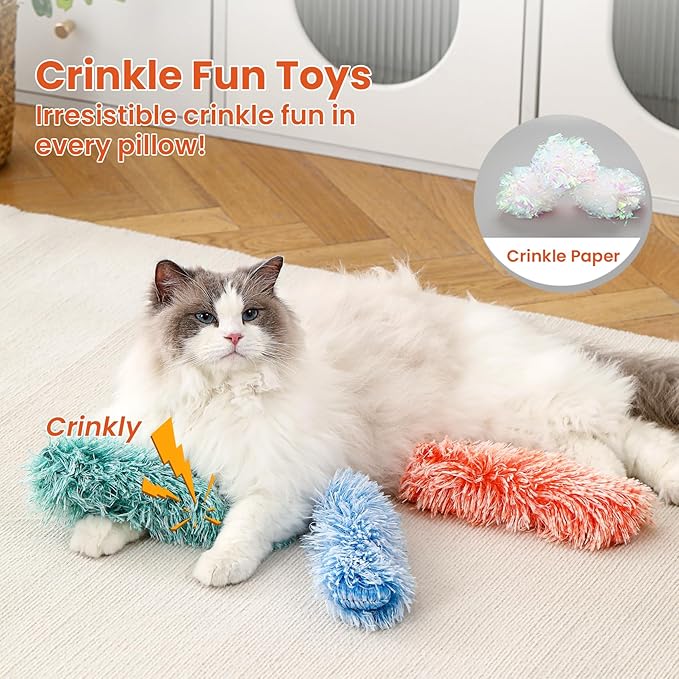 Petinstinct 3 Pack Cat Pillow Toys with Catnip, Soft Plush Crinkle Cat Kicker Toys, Interactive Indoor Kitten Chew Toys for Kitty Exercise, Catnip Toys, Promotes Self Play